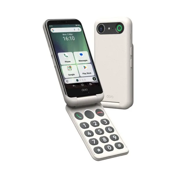 De Doro Aurora A20, een inklapbare smartphone is geschikt voor gebruikers die eenvoud en functionaliteit zoeken. Dit is de gebroken witte uitvoering.