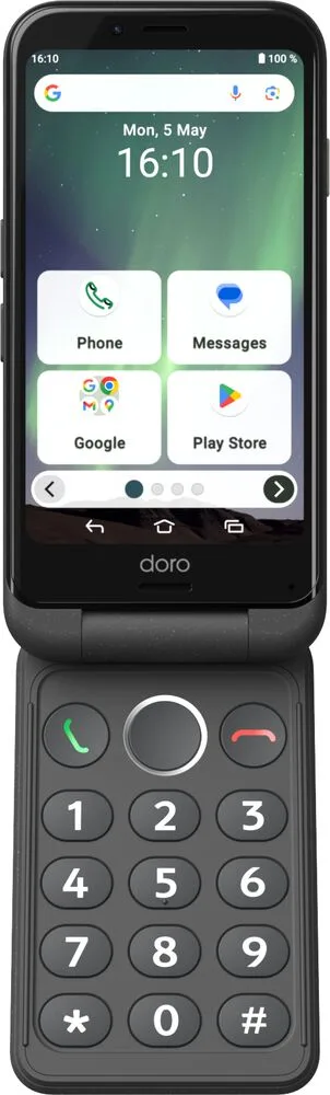 De Doro Aurora A20, een inklapbare smartphone is geschikt voor gebruikers die eenvoud en functionaliteit zoeken. Dit is de antracietgrijze uitvoering.