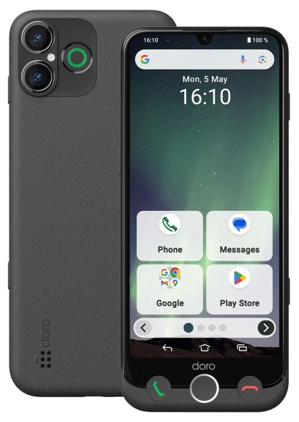 De Doro Aurora A30 met zijn grote, duidelijke display combineert eenvoud en de mogelijkheid om ondersteuning te krijgen van familie en vrienden, met een prachtige visuele ervaring. Hij heeft ook twee camera's, een speciale cameraknop en een grote batterij voor een lange levensduur. Deze is in de kleur antraciet grijs.