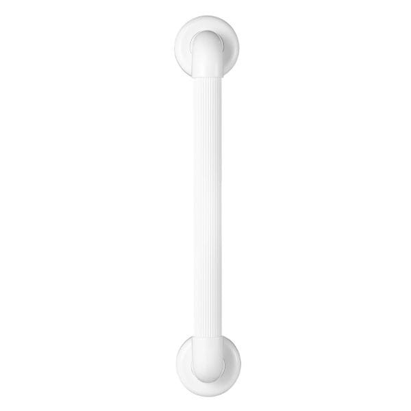 Wandbeugel Vitility voor douche en toilet, bovenaanzicht; witte ABS beugel met geribbelde antislip greep en ronde muurplaten.