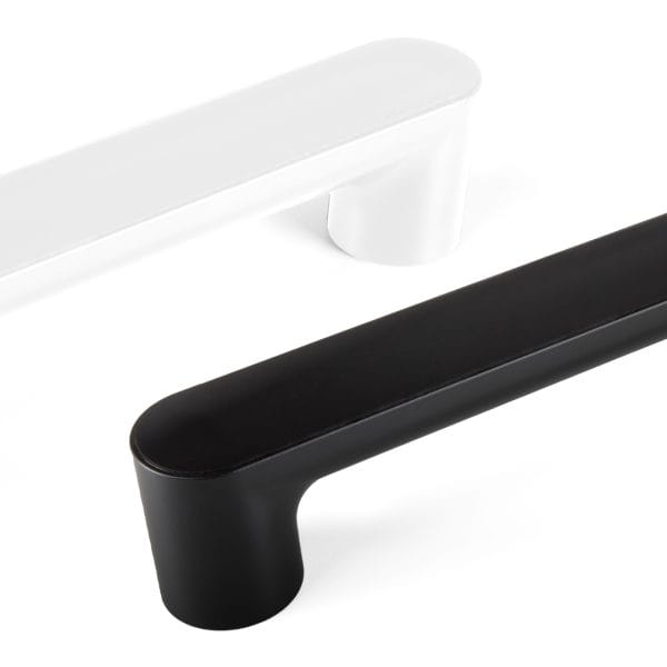 Twee Vitility ID Wandbeugels bovenaanzicht in Pearl White en Charcoal Black, afgeronde met cilindrische basis, 35/55 cm