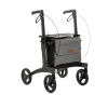 Rollz Air carbon rollator, driekwartaanzicht; zwart frame, vier wielen, ergonomische handgrepen en grijze opbergtas.