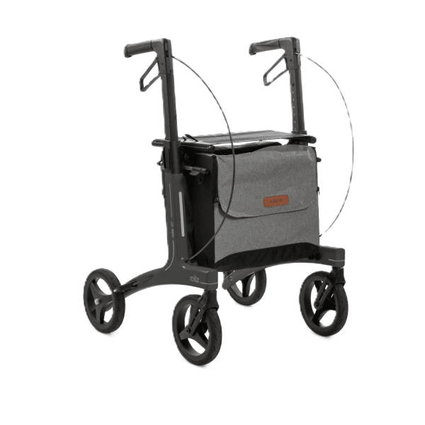 Rollz Air carbon rollator, driekwartaanzicht; zwart frame, vier wielen, ergonomische handgrepen en grijze opbergtas.