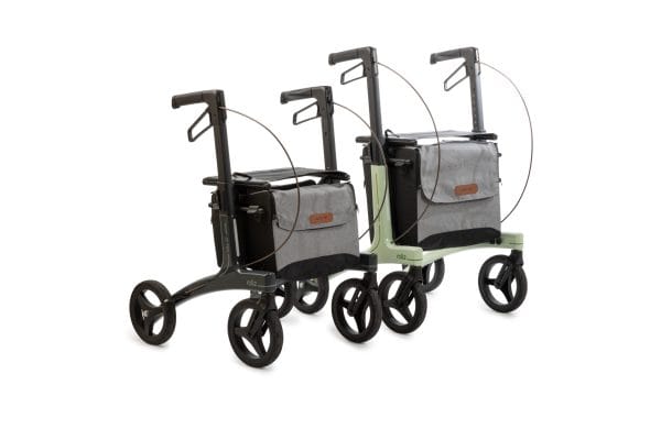 Rollz Air carbon rollator, zijaanzicht: drie kleuren donkergrijs, pastelgroen en lichtgrijs, met zitting, tas en grote wielen.