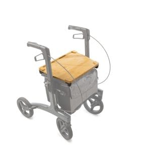 Dienblad voor rollator Rollz Air, bamboe blad met afgeronde hoeken, bovenaanzicht met opbergvak en vier wielen.