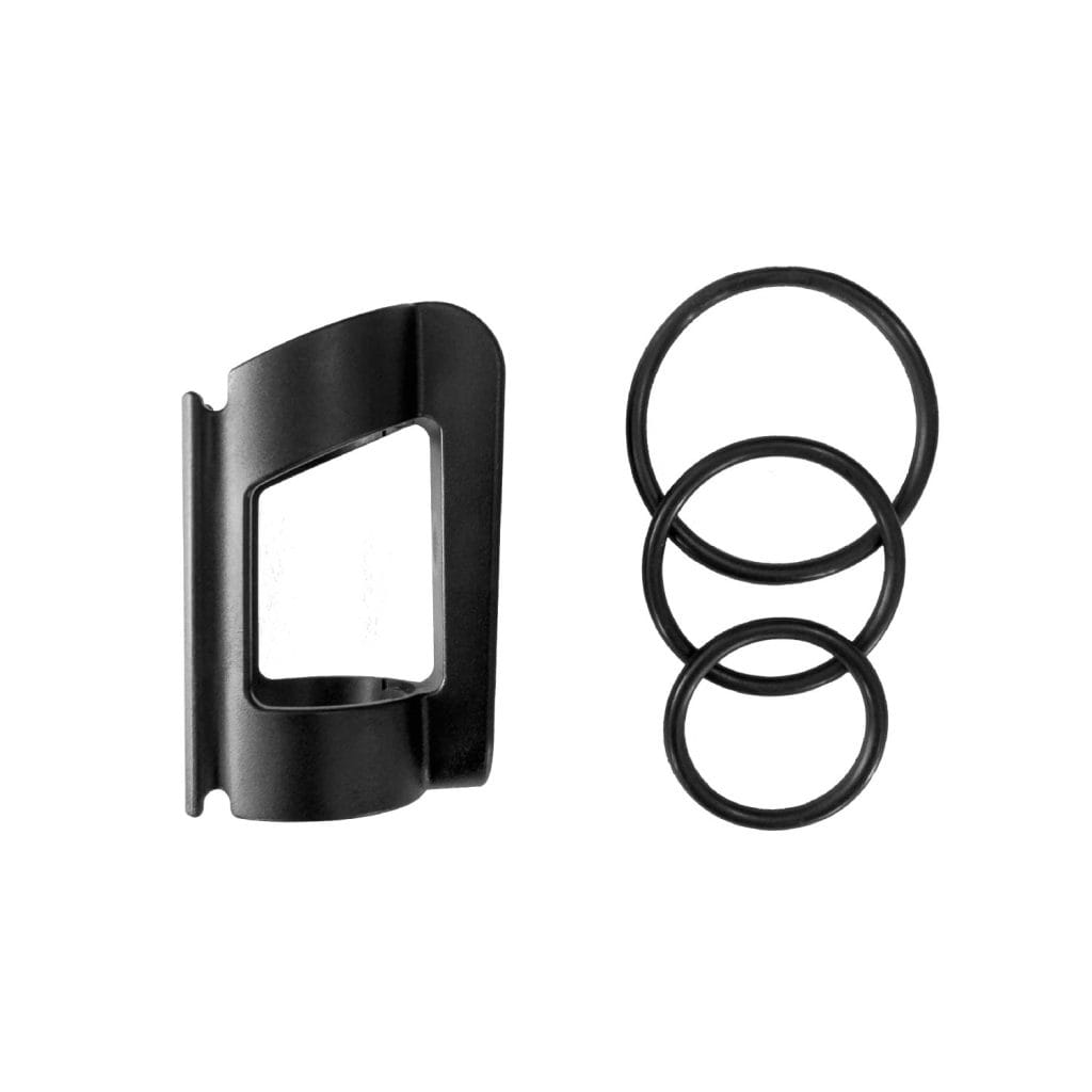 Bovenaanzicht Stokhouder voor rollator Rollz Air met matte zwarte clip en drie zwarte rubber ringen in verschillende maten.