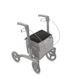 Zithoes voor Rollz Air Rollator – bovenaanzicht van rollator met zwart zitkussen en opbergvak, lichtgewicht vierwielmodel.