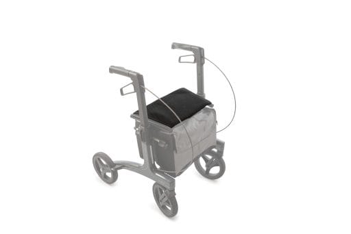Zithoes voor Rollz Air Rollator – bovenaanzicht van rollator met zwart zitkussen en opbergvak, lichtgewicht vierwielmodel.