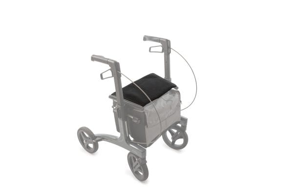 Zithoes voor Rollz Air Rollator – bovenaanzicht van rollator met zwart zitkussen en opbergvak, lichtgewicht vierwielmodel.