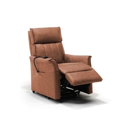 Sta-opstoel Zaragoza met 1 motor en verkrijgbaar in 3 kleuren. Dit is de cognac kleur. Bezien van de stand met been omhoog.