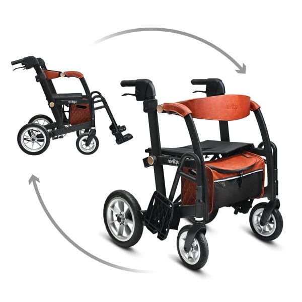 Zwarte Glide 2-in-1 rollator en rolstoel in één, getoond in twee standen met bruine rugband en opbergtas