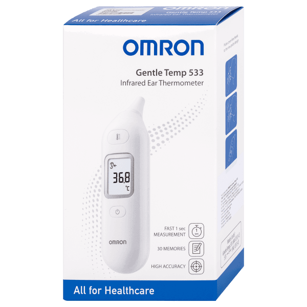 Omron Gentle Temp 533 infrarood oorthermometer in verpakking met digitaal display