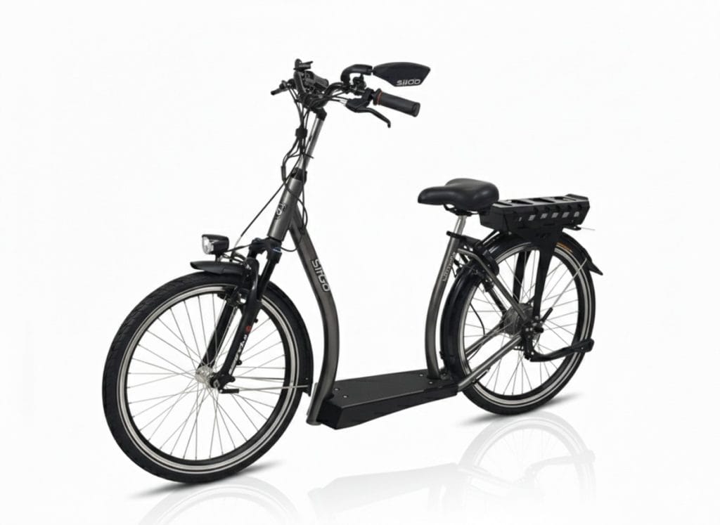 Antracietgrijze elektrische zitfiets Sitgo Ultimate met lage instap, brede treeplank en comfortabel zadel voor mindervaliden en ouderen.