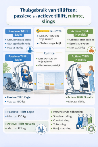 Infographic over thuisgebruik van passieve en actieve tilliften met ruimte en tilbanden