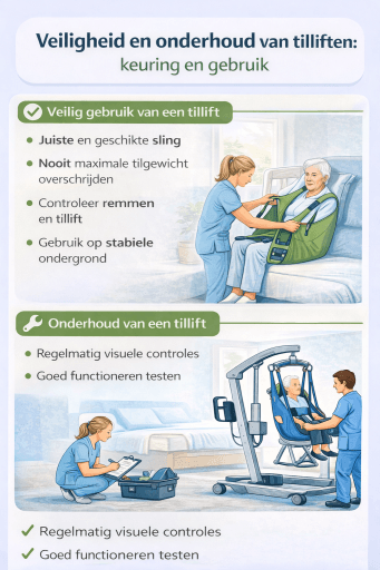 Illustratie van veilig gebruik en onderhoud van een tillift met juiste sling en controle