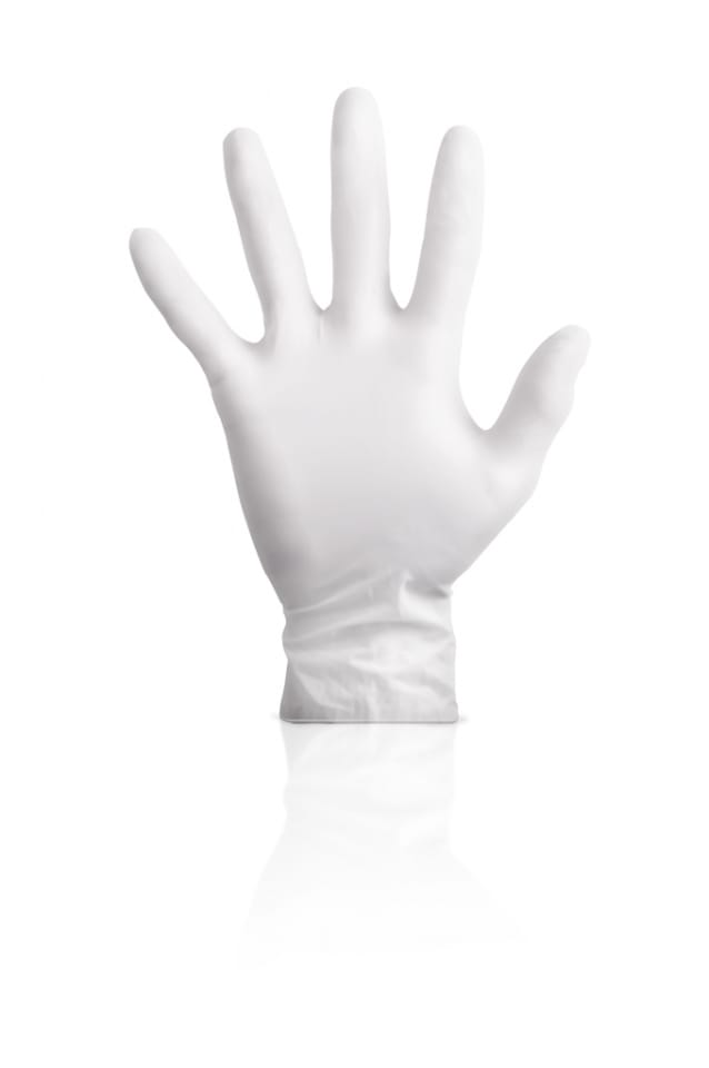 Witte Klinion nitrile onderzoekshandschoen ultra comfort, poedervrij, rechtopstaand tegen witte achtergrond.