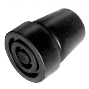Zwarte rubber dop voor wandelstokken en elleboogkrukken, diameter 19 mm, antislip basis op witte achtergrond.