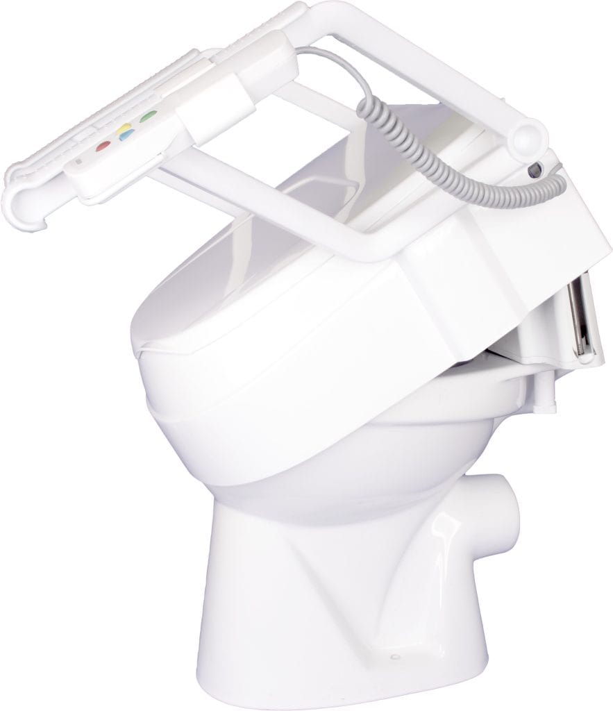 Elektrische sta-op hulp voor toiletverhoger met kantelbare witte zitting en armleuningen met bedieningspaneel.