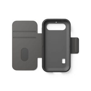 Antracietgrijze etui-telefoonhoesje met kaartsleuven voor Doro Leva L10, E10 en X10, opengeklapt met magneetsluiting.