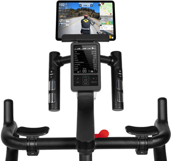 VirtuFit ETAPPE 2.0i indoor cycle met trainingscomputer, verstelbaar race-stuur en tablet met Kinomap trainingsapp gekoppeld.