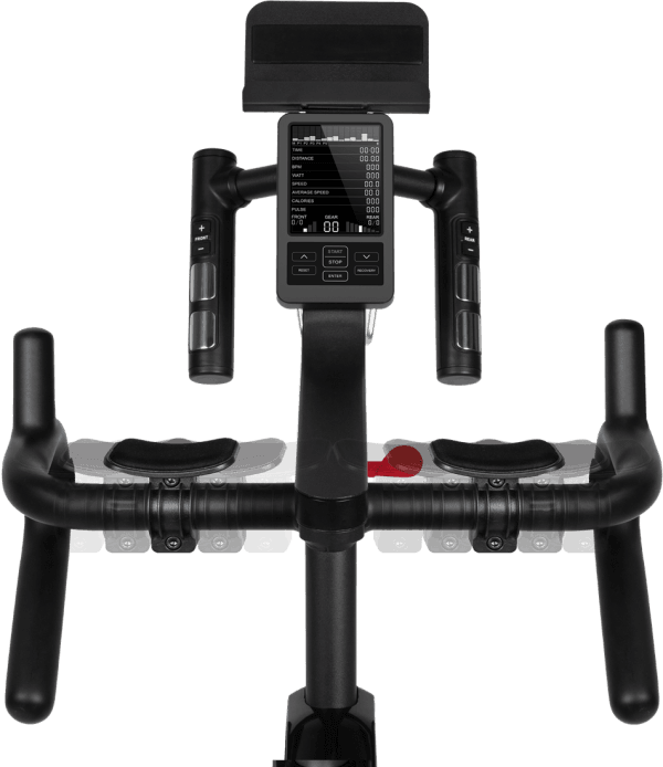 VirtuFit ETAPPE 2.0i indoor cycle stuur met trainingscomputer, multi‑grip stuur en tablet houder in close-up voor intensieve thuisworkouts.