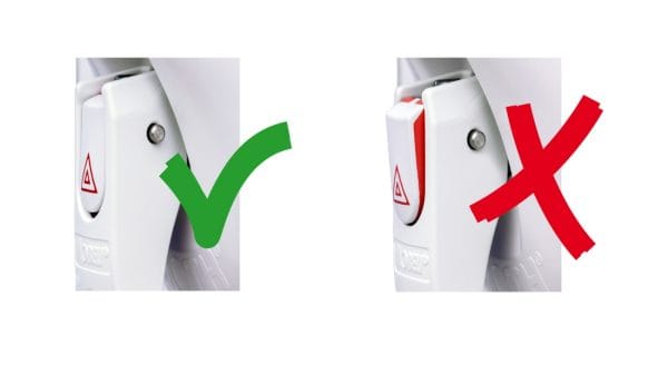 Mobeli wandbeugel met zuignap veiligheidsindicator, links correct groen vinkje, rechts onjuist rood kruis.