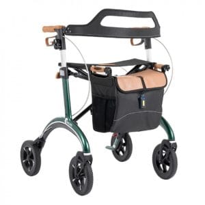 Saljol Wide carbon rollator in groen met extra breed zitvlak, kurk handgrepen en tas aan de voorzijde.