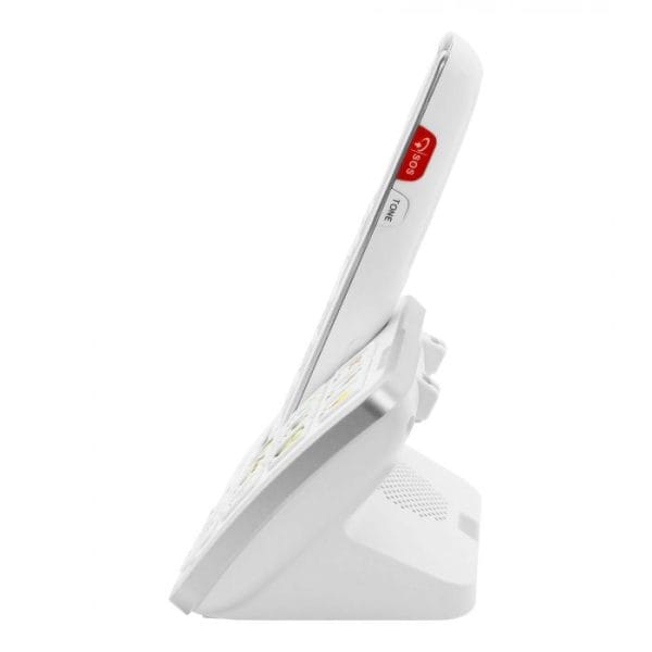 Geemarc Amplidect 595 Foto draadloze seniorentelefoon in witte houder, zijaanzicht met zichtbare rode SOS-knop.
