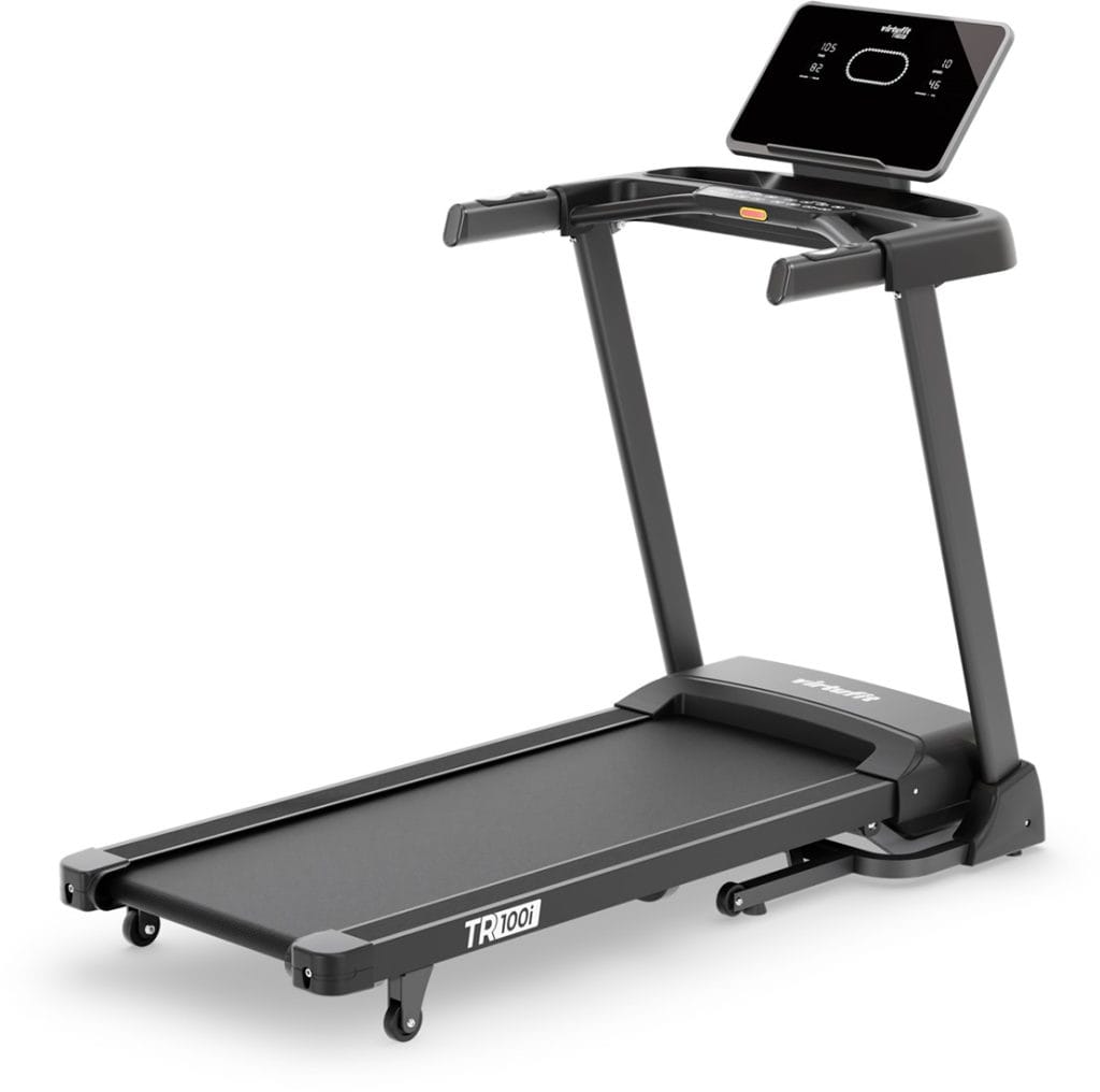 Zwarte VirtuFit TR100i loopband model 2026 met display en armsteunen voor thuisfitness.