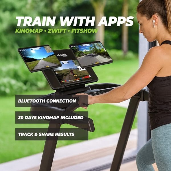 VirtuFit TR100i loopband met app-koppeling, Bluetooth en training via Kinomap, Zwift en Fitshow in gebruik.