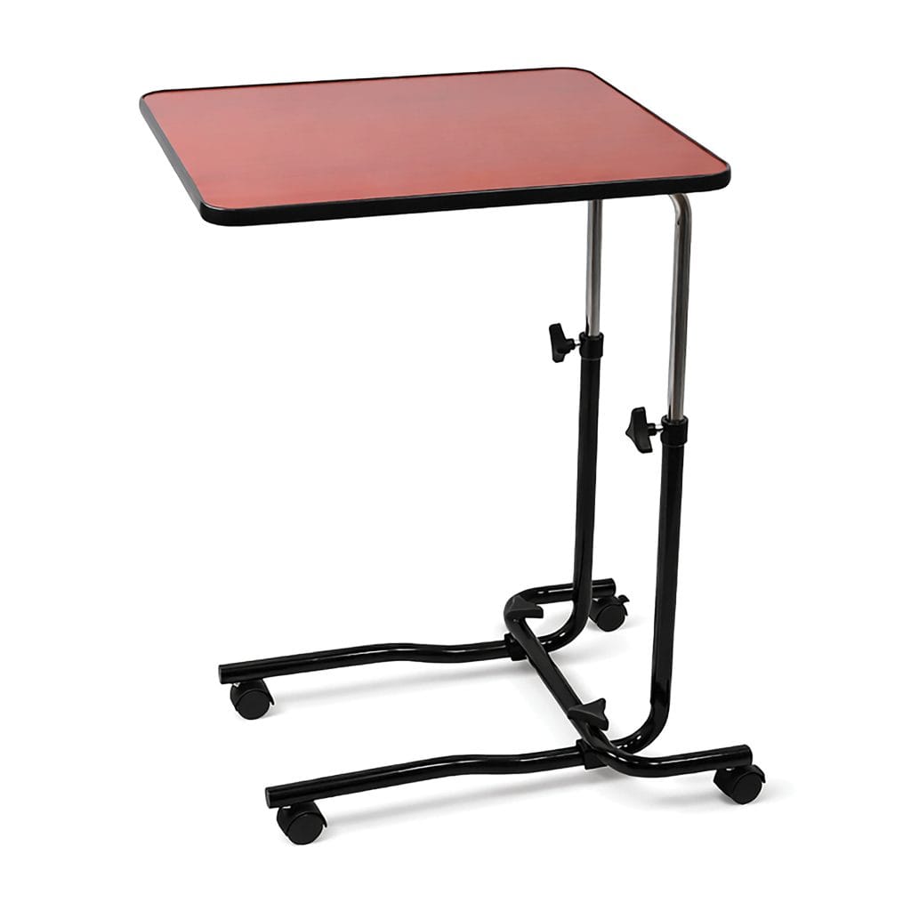 Bedleestafel Canterbury met roodbruin blad, zwart frame, wieltjes en verstelbare hoogte voor gebruik aan bed of stoel