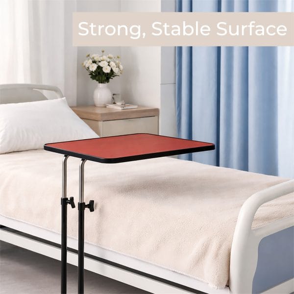 Bedleestafel Canterbury naast bed met rood blad en zwart frame, stabiel oppervlak voor lezen, eten en dagelijks gebruik