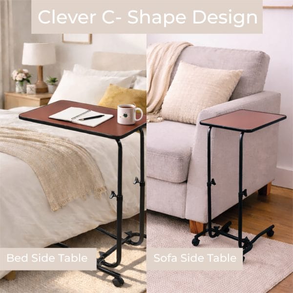 Bedleestafel Canterbury met C-vormig frame naast bed en stoel, verrijdbaar en in hoogte verstelbaar voor lezen of eten