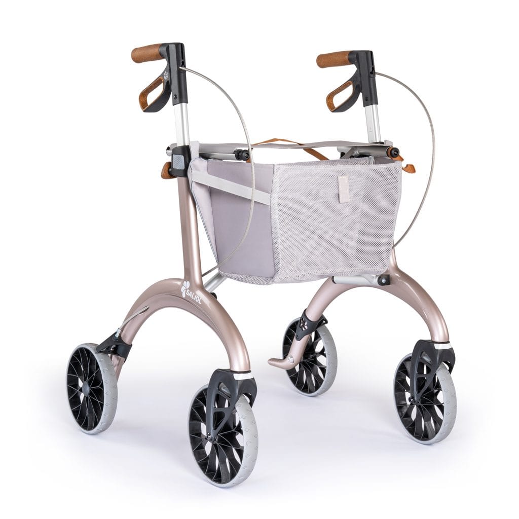 Saljol carbon rollator Superlight met boodschappennet, kurken handgrepen en licht frame in champagnekleur