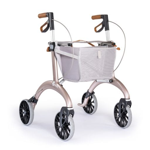 Saljol Carbon Rollator Superlight met boodschappennet Saljol carbon rollator Superlight met boodschappennet, kurken handgrepen en licht frame in champagnekleur