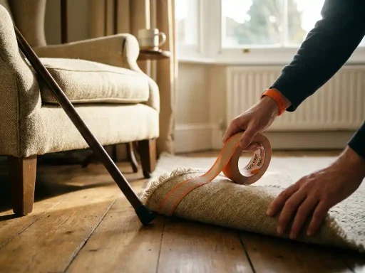 Antislip tapijttape aangebracht op de onderkant van een beige tapijt, met een wandelstok tegen een fauteuil in een woonkamer.