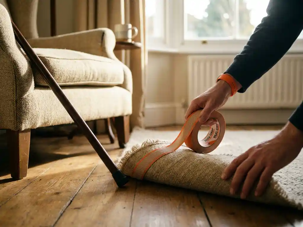 Antislip tapijttape aangebracht op de onderkant van een beige tapijt, met een wandelstok tegen een fauteuil in een woonkamer.