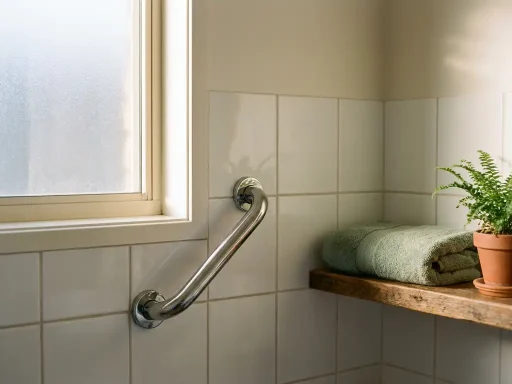 Grijze beugel gemonteerd op witte betegelde badkamermuur, met gevouwen handdoek en klein potplantje op een plank in warm ochtendlicht.