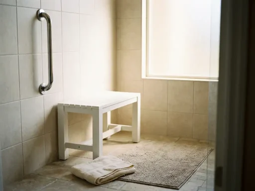 Witte douchestoel in inloopdouche met chromen beugel op betegelde wand, gevouwen handdoek en antislipmat op de vloer.