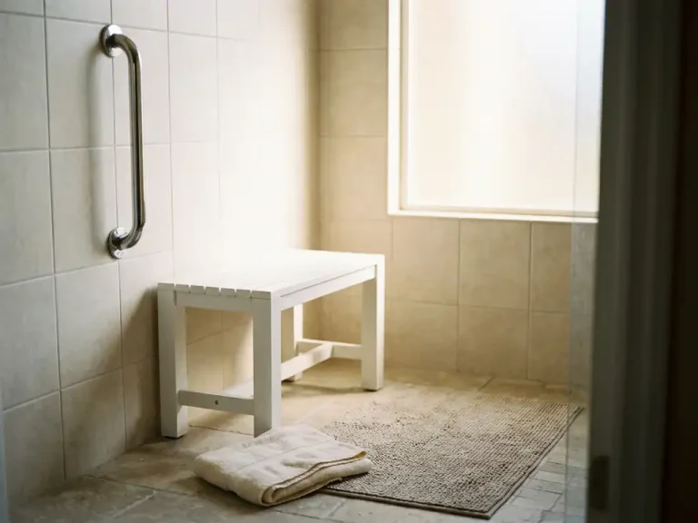 Witte douchestoel in inloopdouche met chromen beugel op betegelde wand, gevouwen handdoek en antislipmat op de vloer.