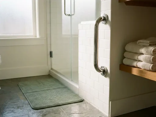 Chromen beugel op witte badkamermuur naast inloopdouche, met antislipmat op natte tegels en gevouwen handdoeken.