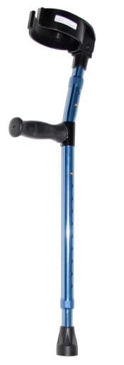 Elleboogkruk kind gesloten manchet blauw Blauwe kinderelleboogkruk met gesloten manchet, zwarte handgreep en verstelbare hoogte op witte achtergrond