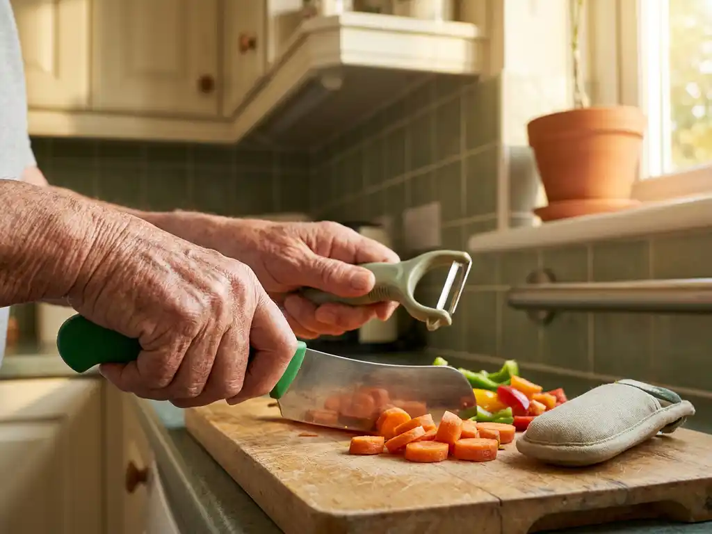 Ergonomisch keukengerei met groene handgrepen voor ouderen die wortel snijden en groente schillen in de keuken
