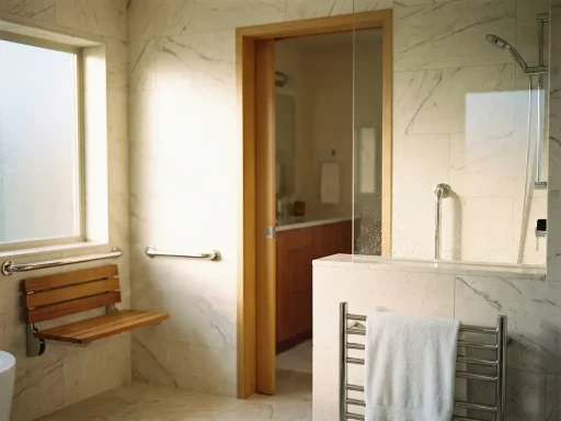 Inloopdouche met elegante beugels en inklapbare teakhouten douchestoel in moderne badkamer met brede deuropening.
