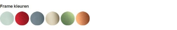Zes framekleuren voor de Scootmobiel EON: mintgroen, rood, blauwgrijs, beige, groen en koper.
