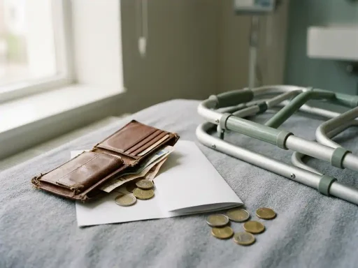 Open leren portemonnee op een zorgbrochure naast een opvouwbare rollator, met enkele euromunten op een grijze ondergrond.