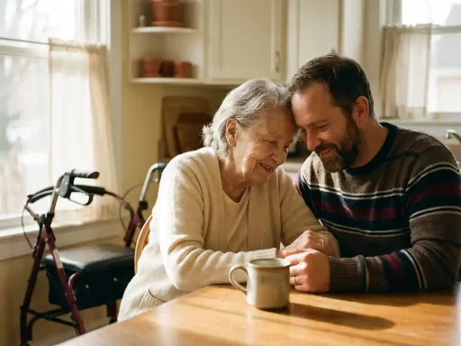 Oudere ouder en volwassen kind drinken samen thee aan keukentafel, rollator zichtbaar op achtergrond, warm middaglicht.