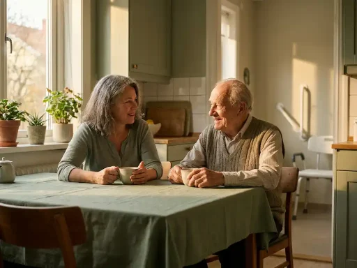 Volwassen kind en oudere ouder drinken samen thee aan keukentafel, met grabbar en douchestoel zichtbaar op achtergrond.