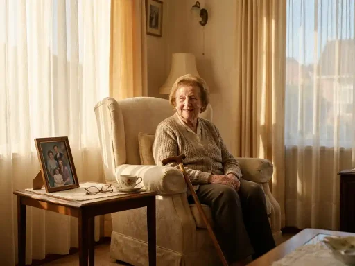 Oudere persoon in zonnige fauteuil met loophulp, theekopje, leesbril en ingelijste foto op bijzettafel, warme amberkleurige sfeer.
