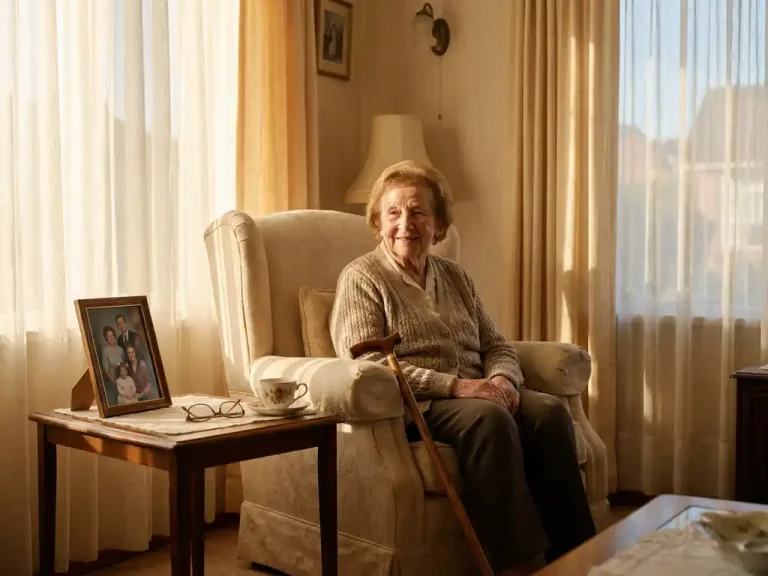 Oudere persoon in zonnige fauteuil met loophulp, theekopje, leesbril en ingelijste foto op bijzettafel, warme amberkleurige sfeer.